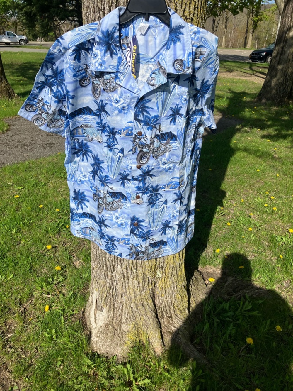 Blue Tropical Motorcycle Print Short Sleeve Button-Down Shirt